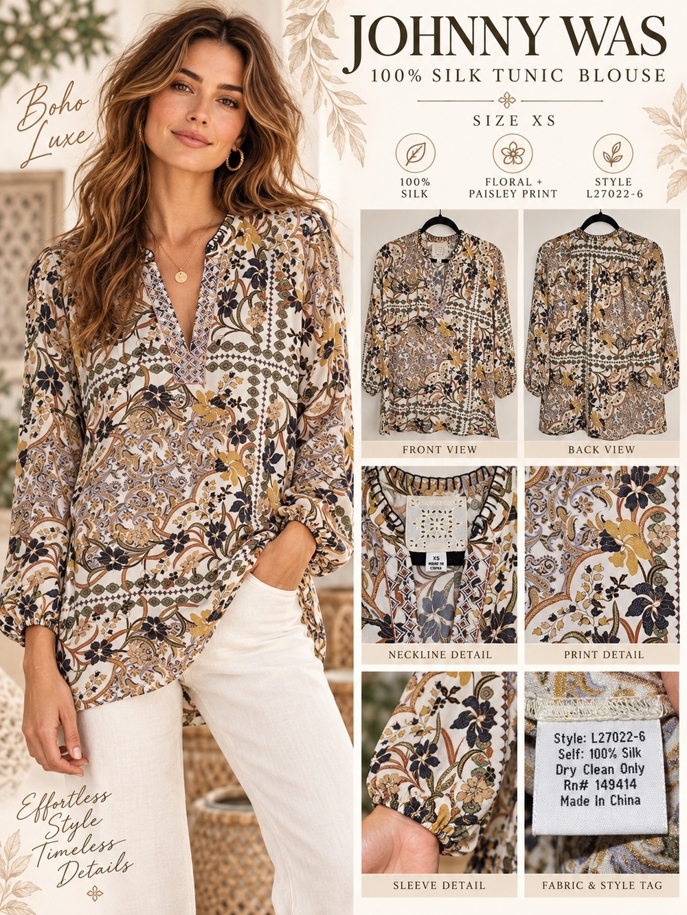Johnny Was 100% Silk Floral Paisley Tunic Blouse XS Boho L27022-6